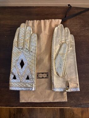 Gucci Gold Metallic Leather Gloves with Cutout Diamond Pattern